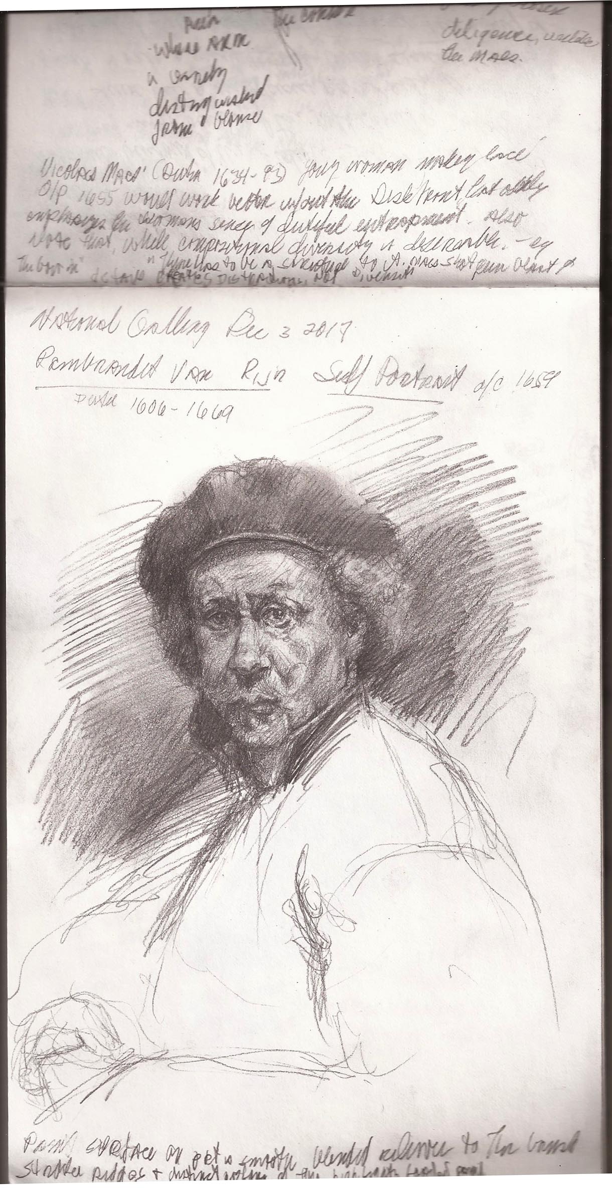 Example of sketches in gallery notebooks: Rembrand's self portrait in NGA